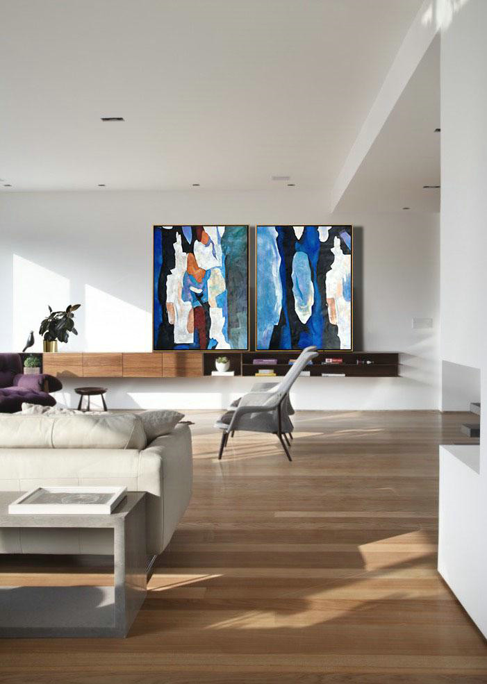 Huge Abstract Painting On Canvas,Large Set Of 2 Blue Minimalist Painting On Canvas,Huge Canvas Art On Canvas,Dark Blue,Black,Earthy Yellow,Black,Red.etc